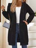 Women's Longline Zip-Up Hooded Jacket with Pockets Black