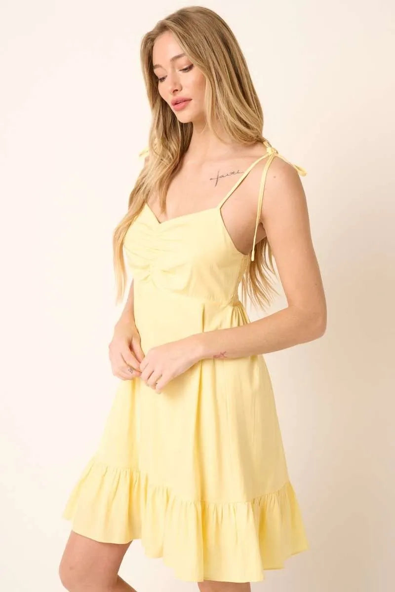Yellow Cotton Ruched Spaghetti Tie Mini Dress Summer Casual