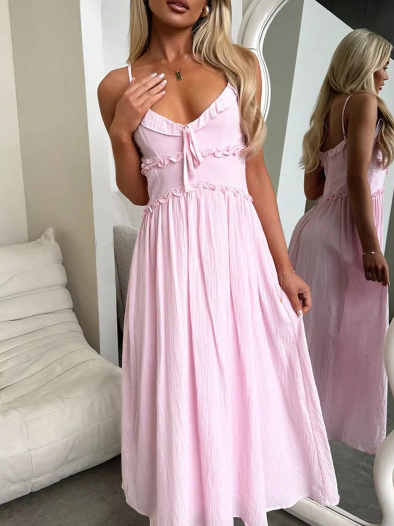 Light Pink Ruffled Spaghetti Strap Midi Dress