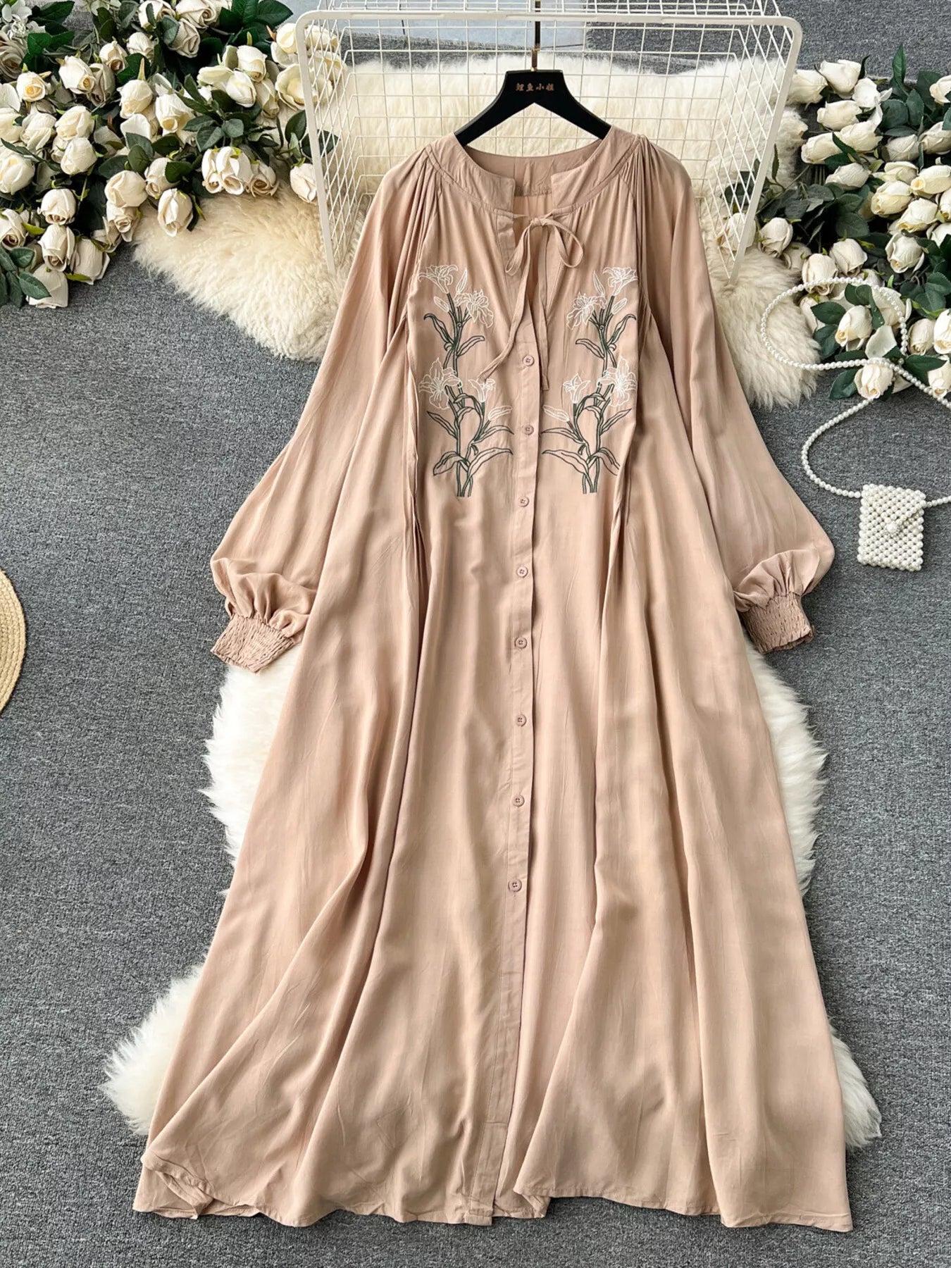 Floral Button Front Long Sleeve Dress