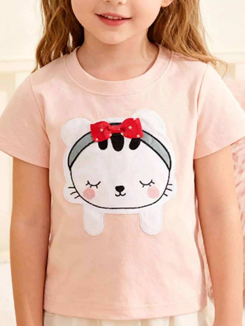 Girls Pink Cartoon Cat T-Shirt with Red Bow Graphic