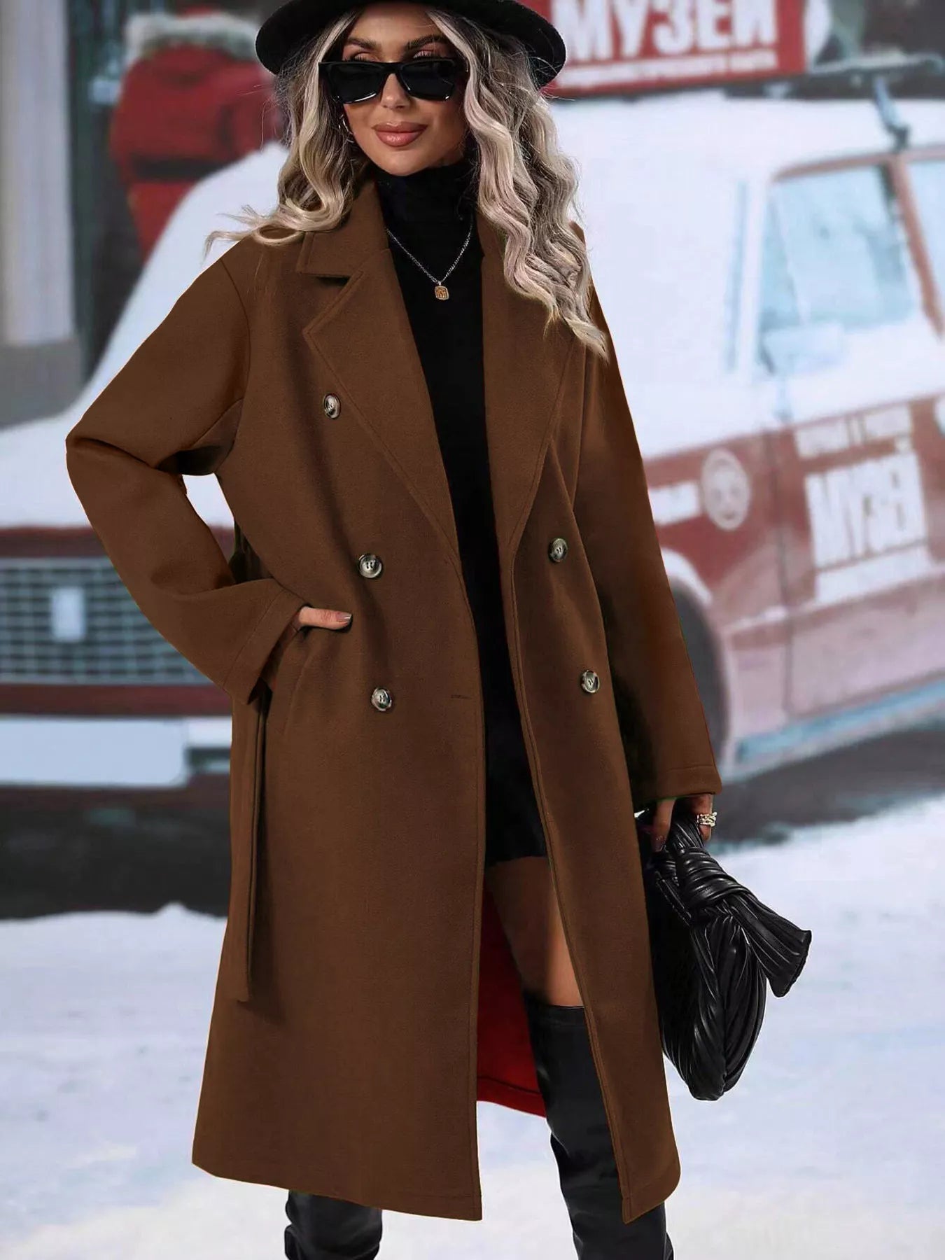 Women's Red Double-Breasted Lapel Collar Belted Long Overcoat