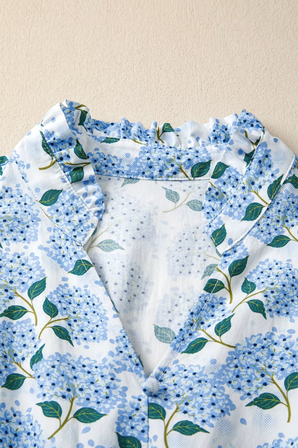 Blue Hydrangea Floral Print Flutter Sleeve Midi Ruffle Dress