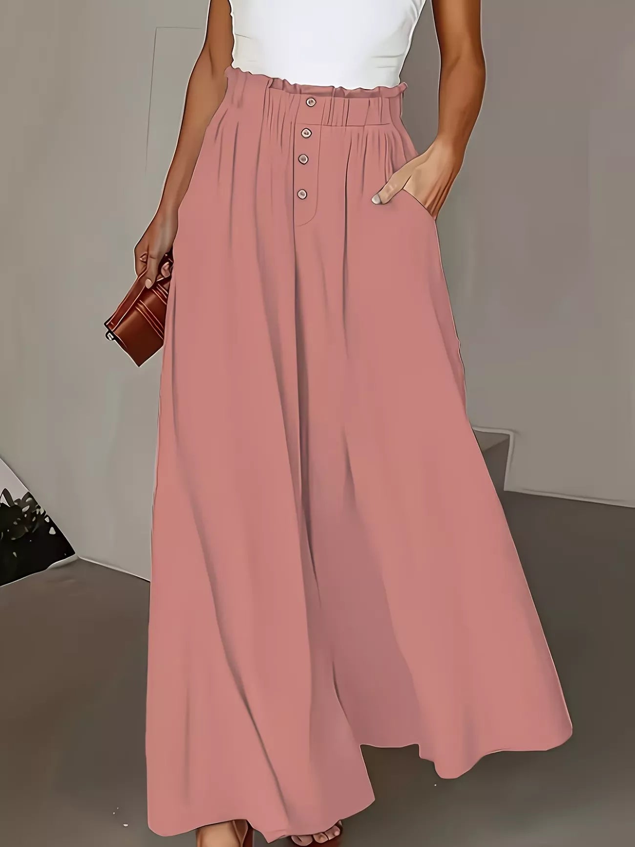 Beige High-Waisted Wide-Leg Pants with Button Detail