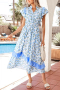 Blue Hydrangea Floral Print Flutter Sleeve Midi Ruffle Dress