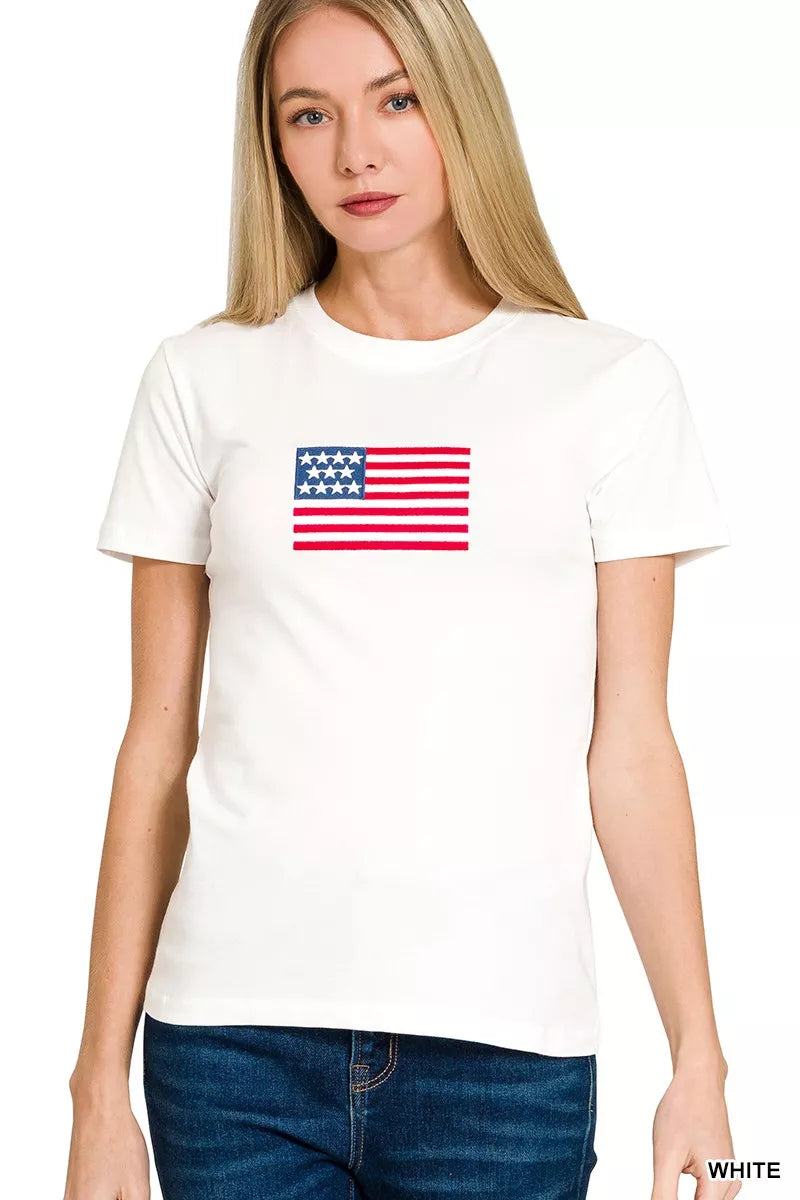 Women's White Patriotic American Flag Graphic Crew Neck T-Shirt