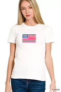 Women's White Patriotic American Flag Graphic Crew Neck T-Shirt