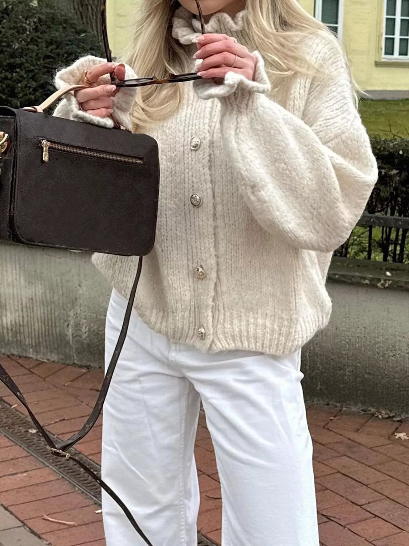 White Ribbed Ruffle Neck Button-Down Long Sleeve Cardigan