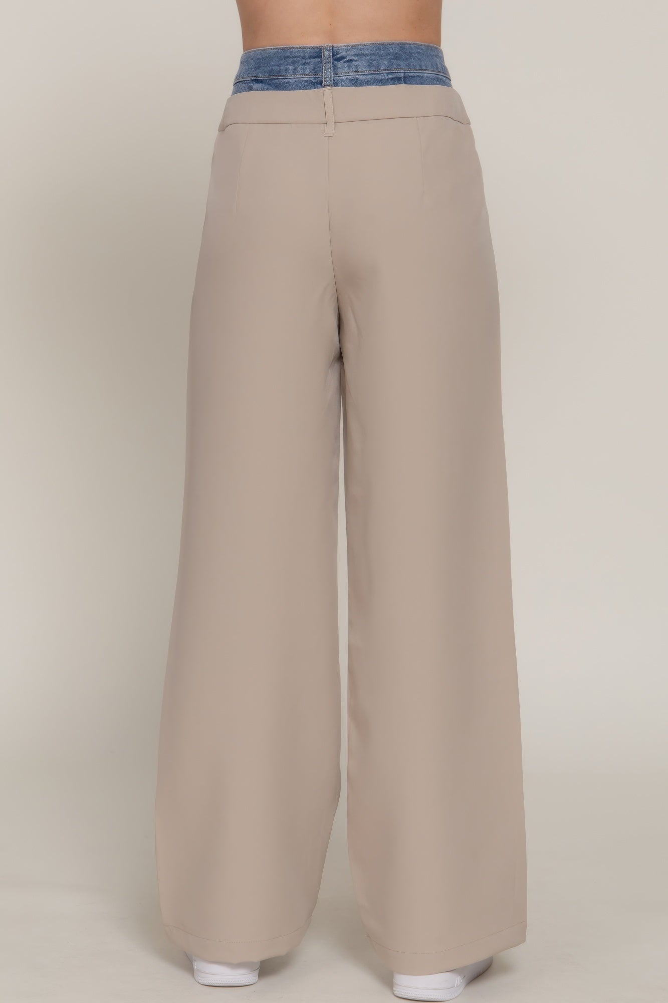 Contrast Denim Waist Straight Long Pants