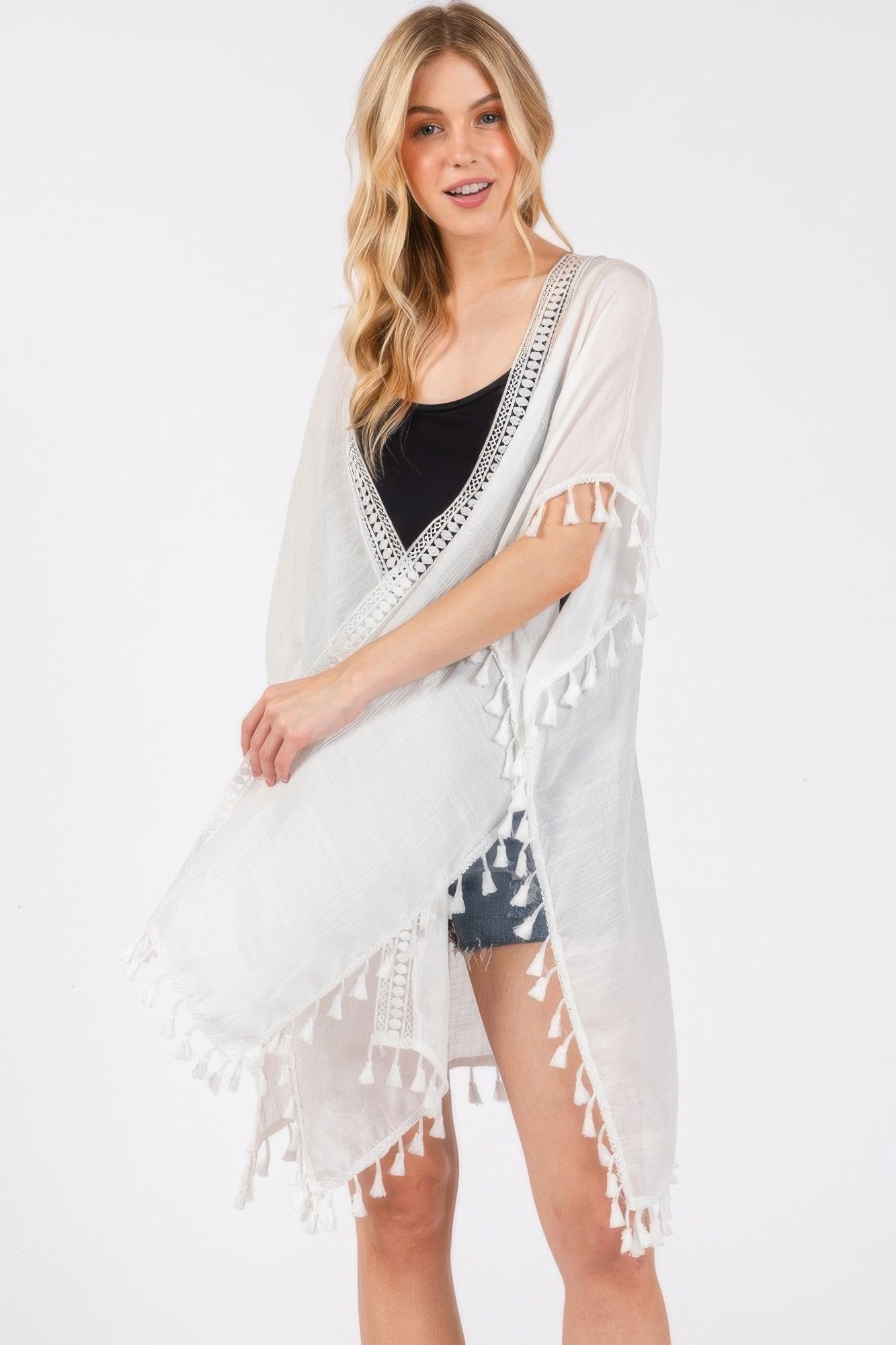 Crochet And Tassel Trim Cover Up
