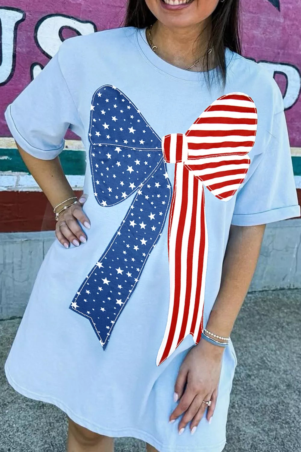 Light Blue Patriotic Bow Graphic T-Shirt Mini Dress