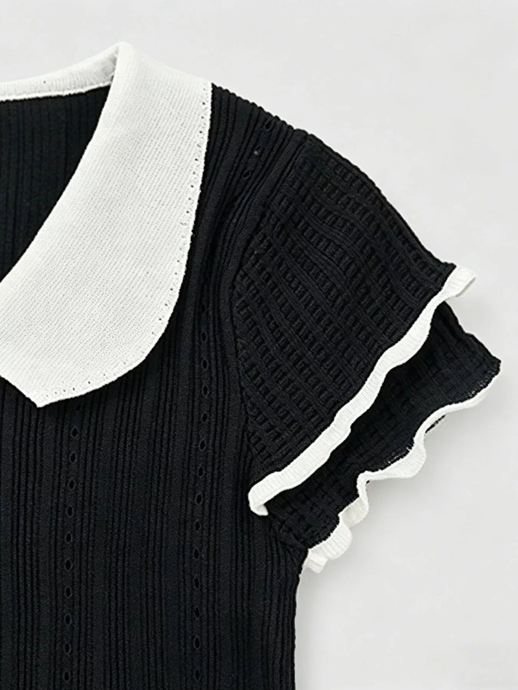 Pink Ribbed Knit Peter Pan Collar Crop Top with Frill Sleeves