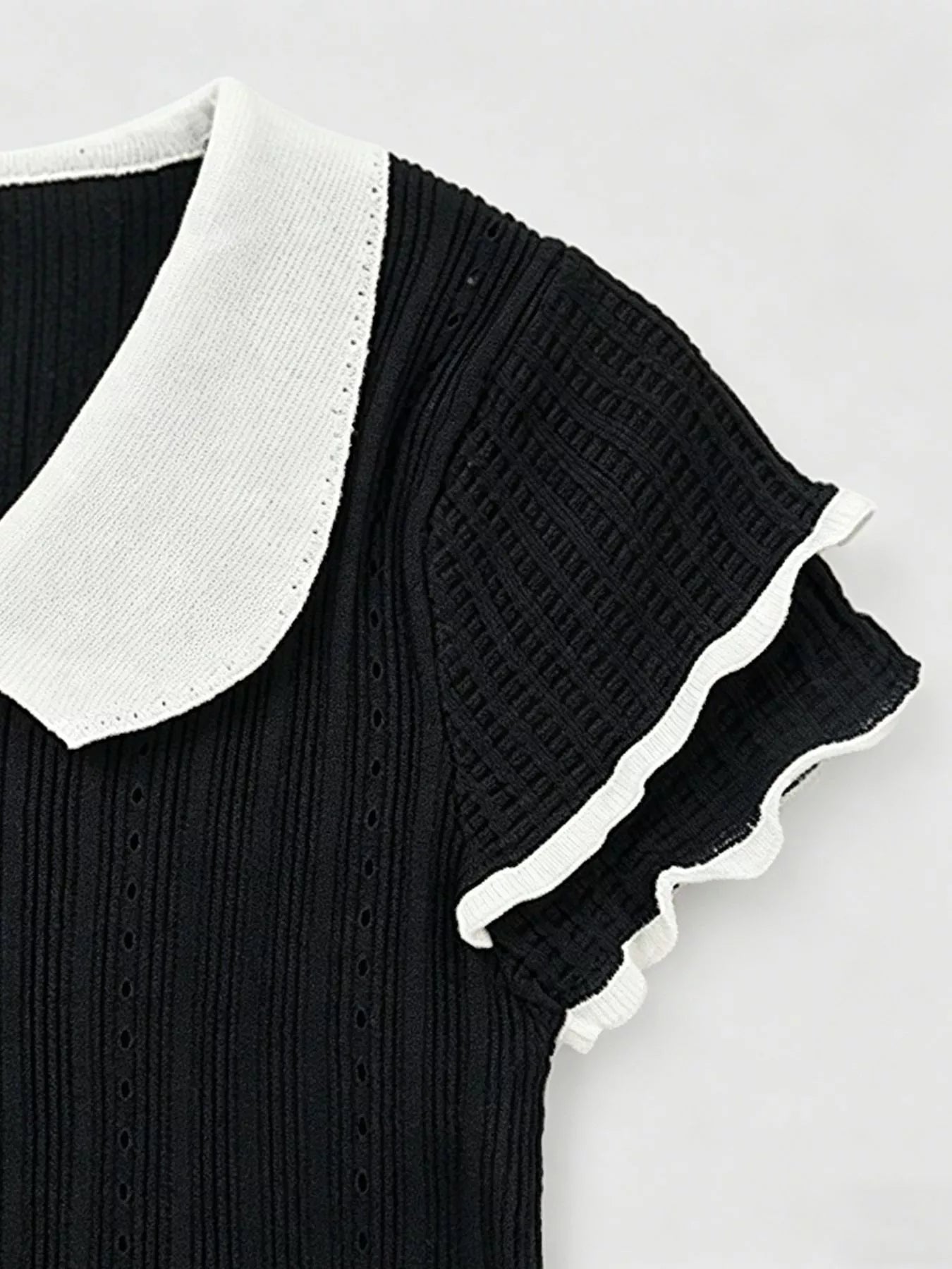 Pink Ribbed Knit Peter Pan Collar Crop Top with Frill Sleeves