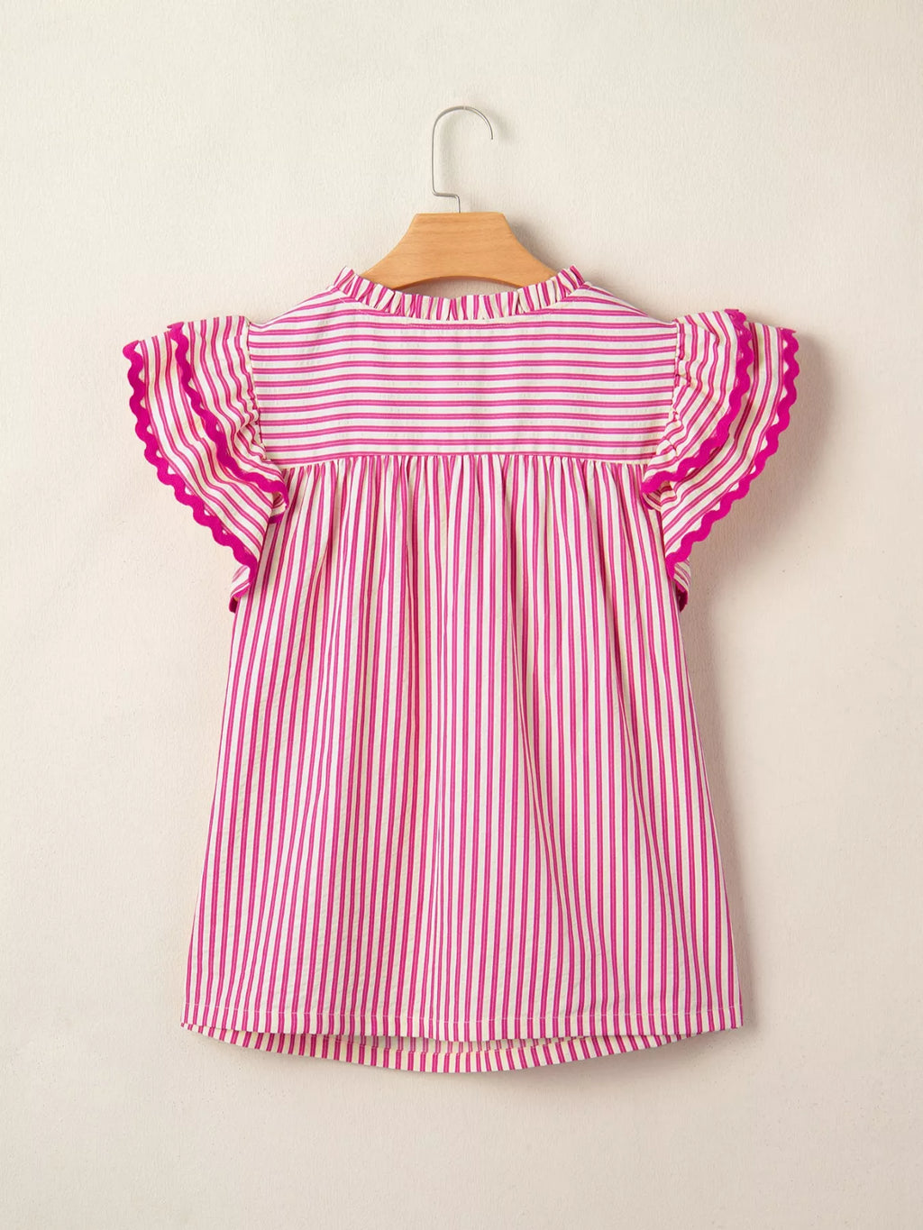 Striped Shirred Yoke Ruffle Sleeve Blouse in Pink and White