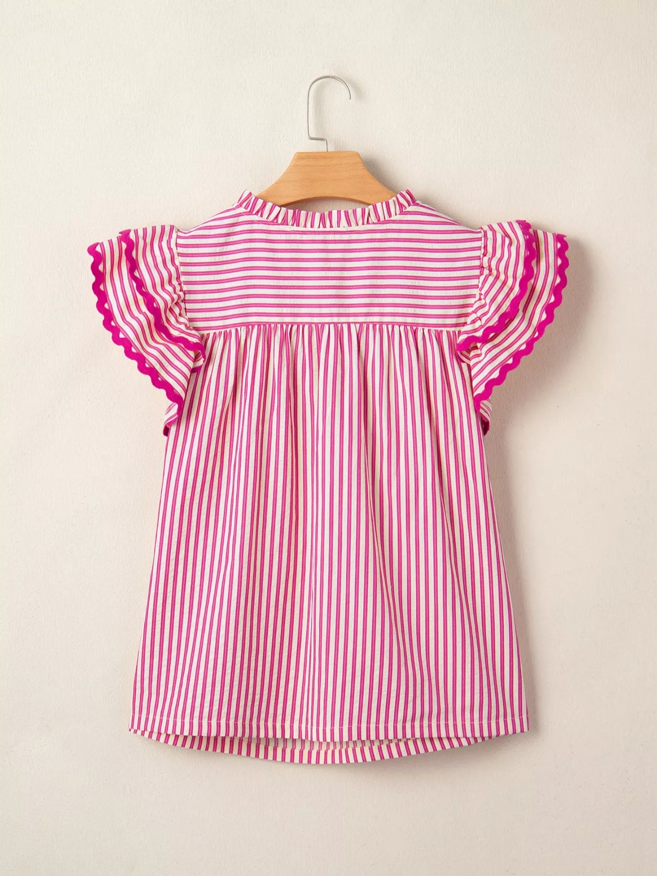 Striped Shirred Yoke Ruffle Sleeve Blouse in Pink and White