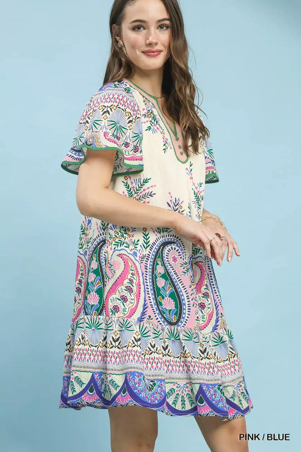 Pink and Blue Paisley Flutter Sleeve Mini Dress