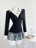 Black and White Long Sleeve Slim Fit Buttoned Polo Shirt
