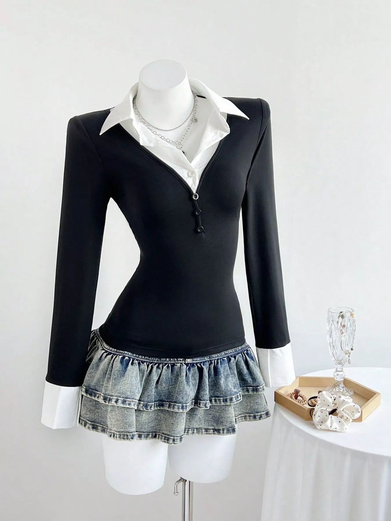Black and White Long Sleeve Slim Fit Buttoned Polo Shirt