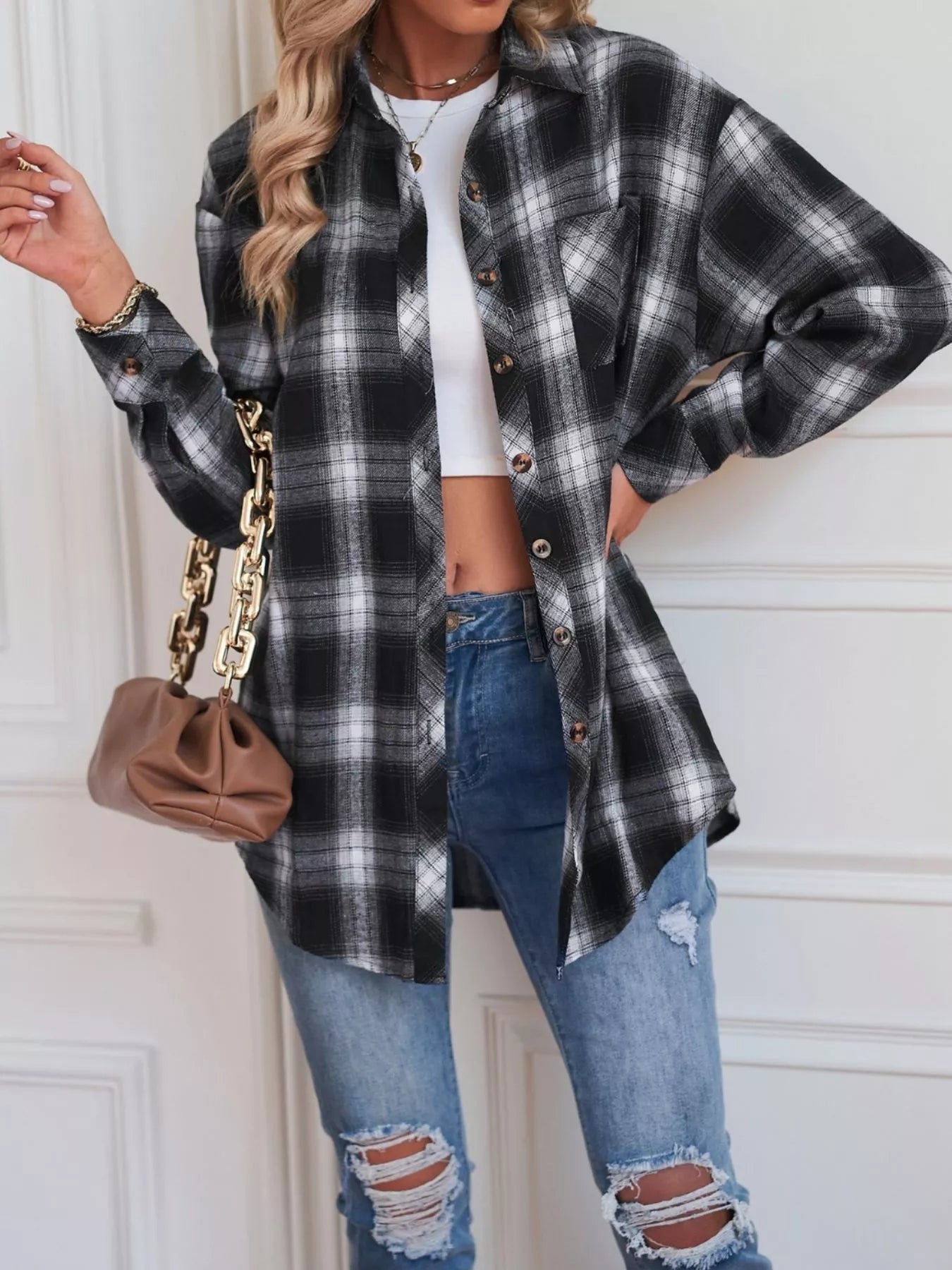 Women's Black and White Plaid Button Up Long Sleeve Shirt
