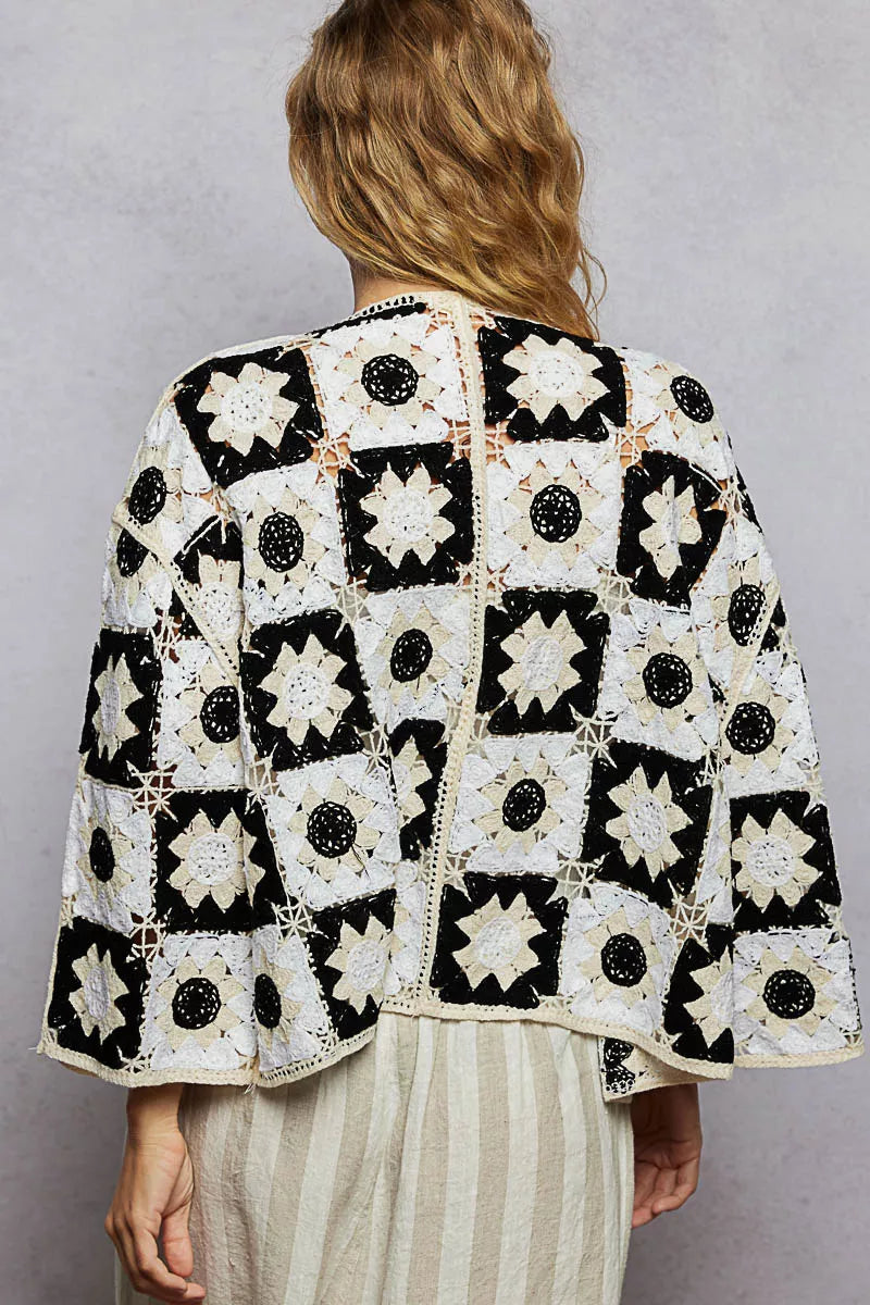 Women's Open Front Crochet Cardigan with Geometric Patterns