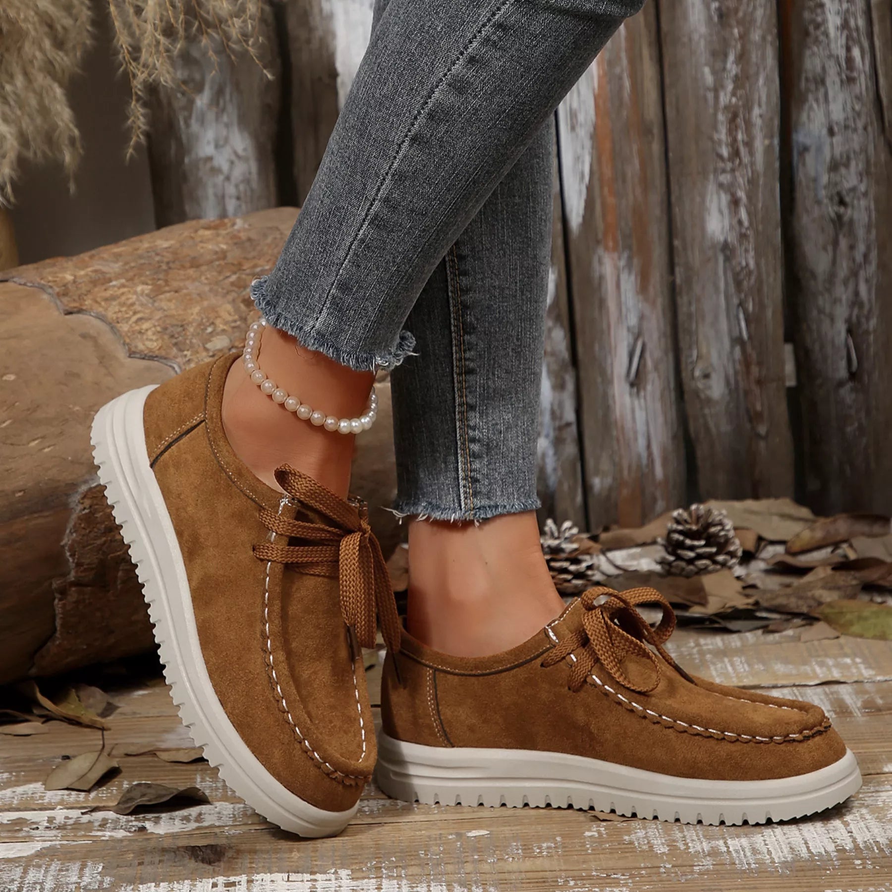 Women's Lace-Up Suede Round Toe Flats Comfortable Casual Shoes