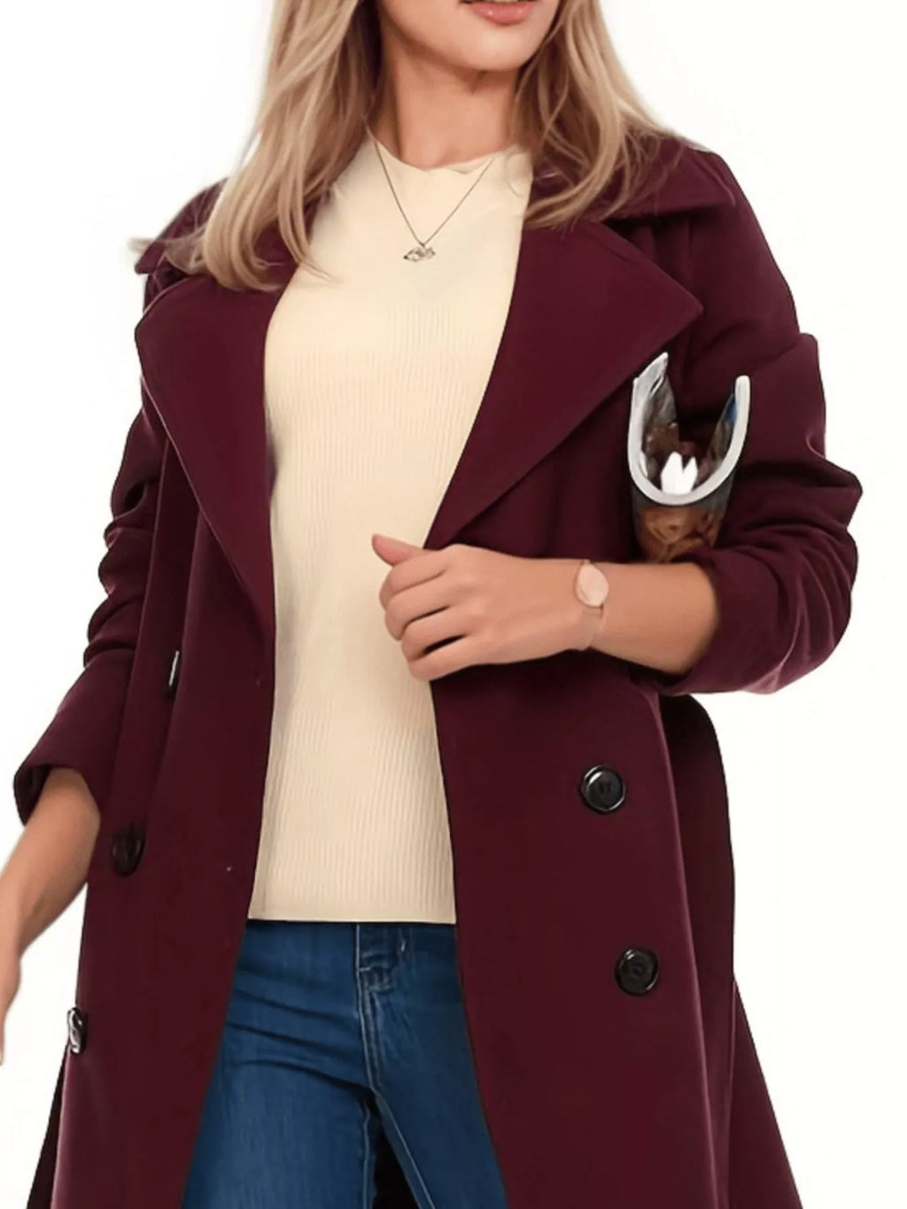 Women's Olive Double Breasted Belted Coat with Long Sleeves