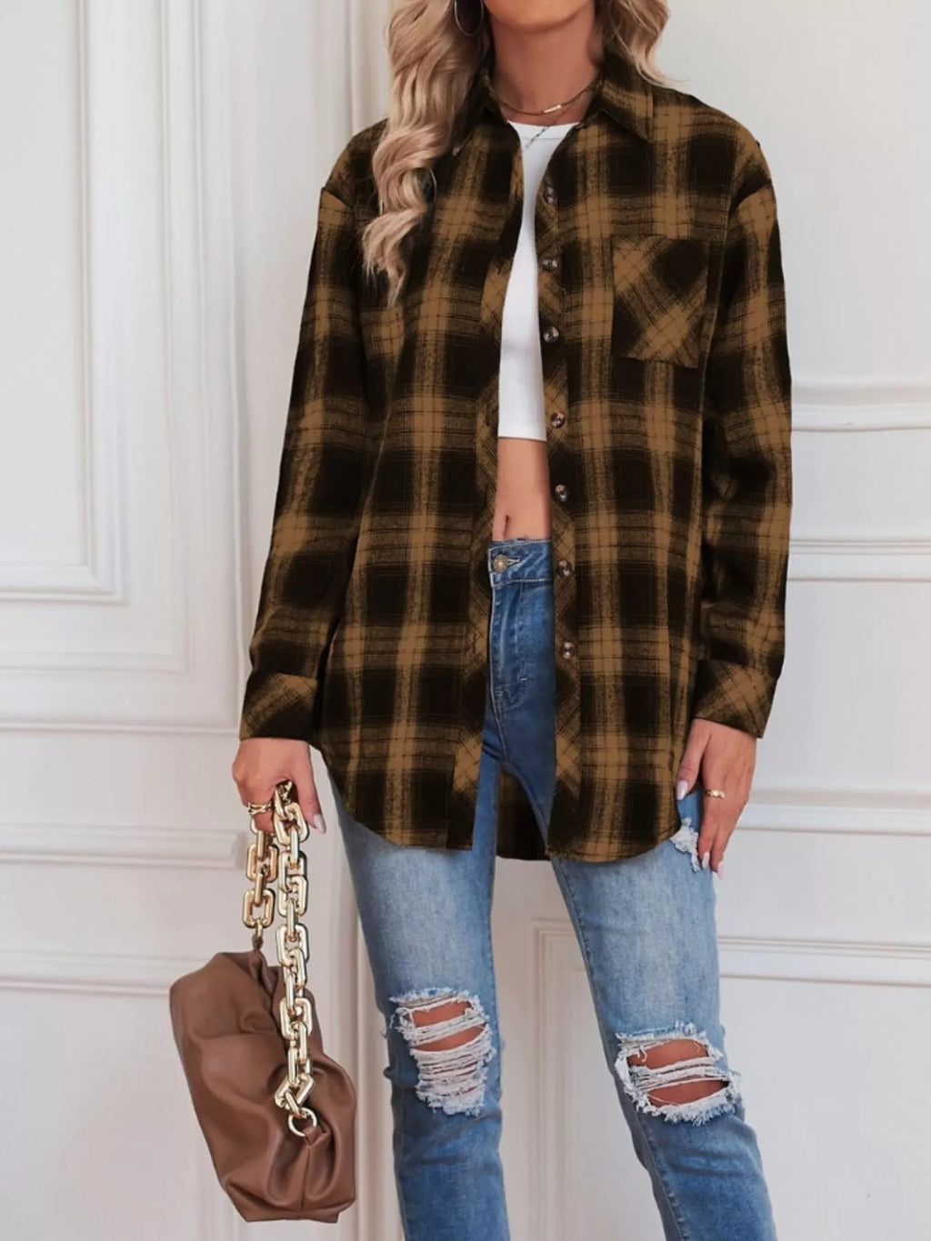 Women's Black and White Plaid Button Up Long Sleeve Shirt