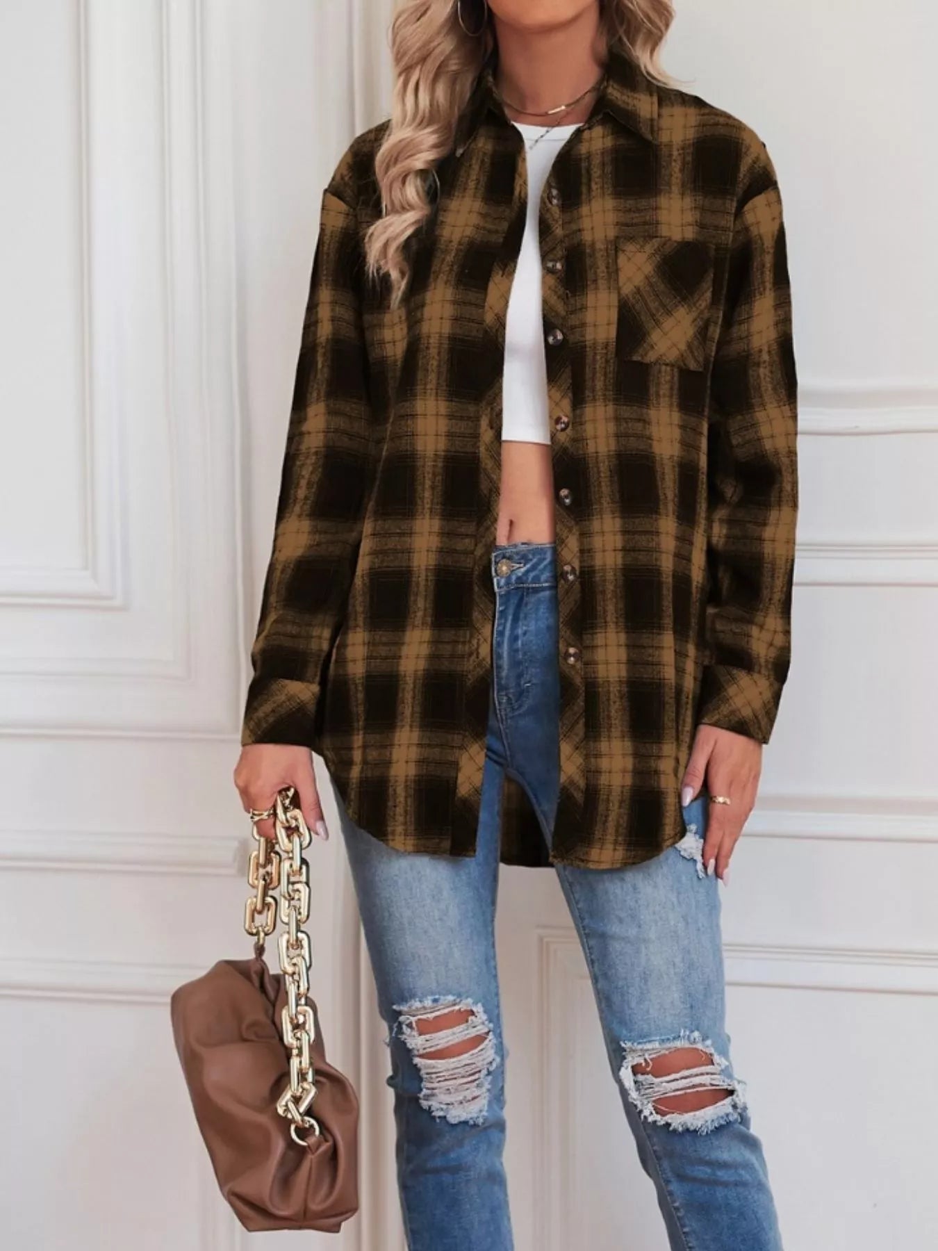 Women's Black and White Plaid Button Up Long Sleeve Shirt