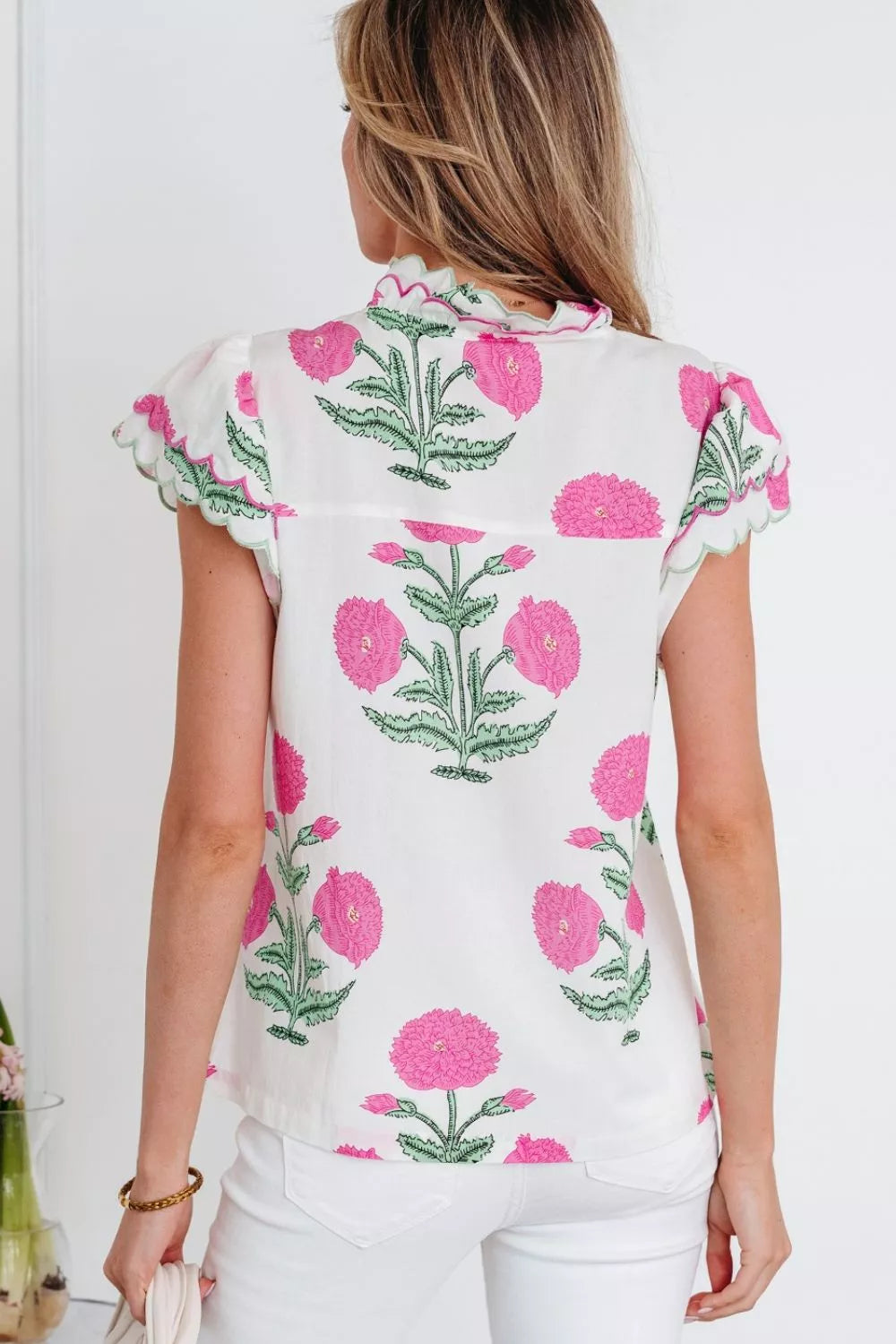 Floral Scallop Trim V Neck Blouse White Pink Green