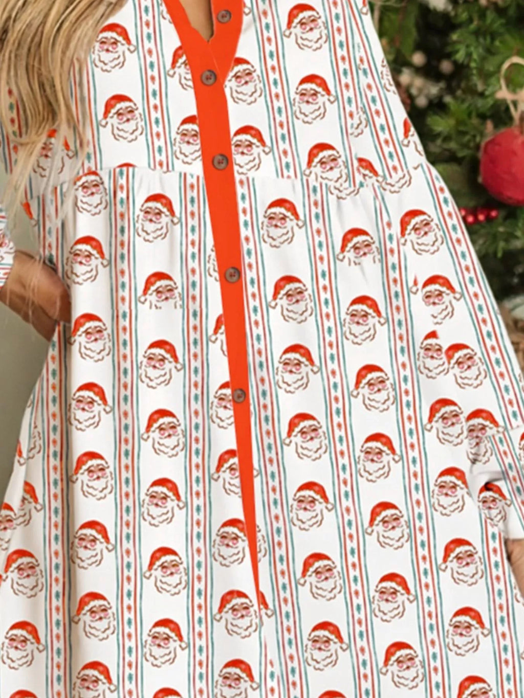 Women's Santa Claus Print Button Front Mini Dress Holiday Fashion