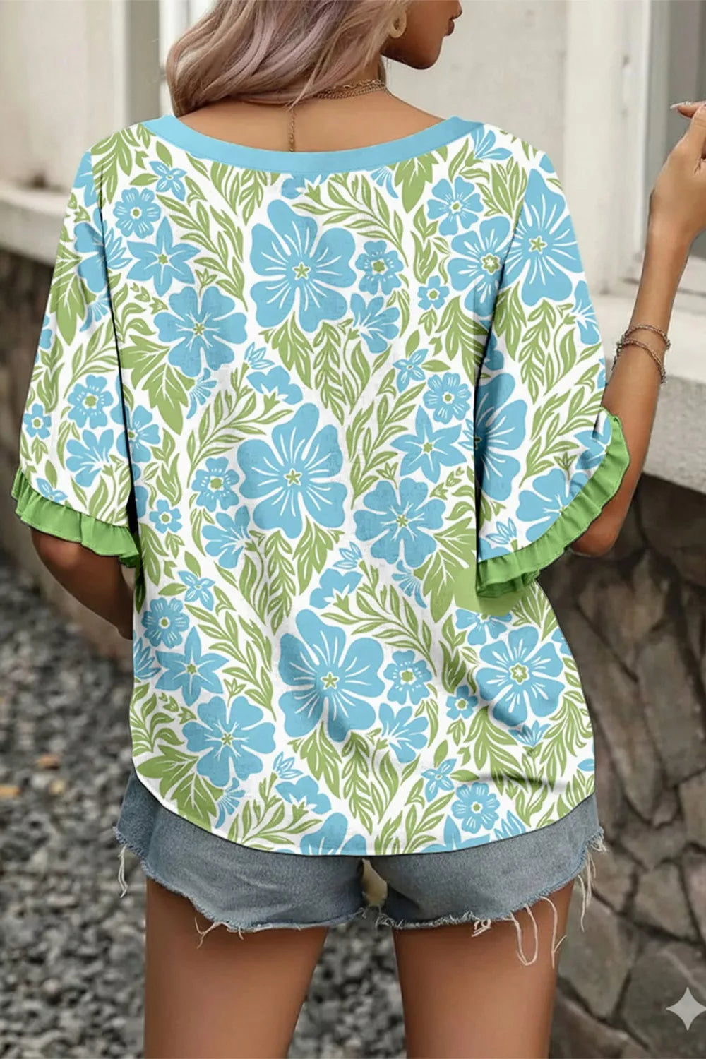 Floral Print Ruffled Color Block Blouse with Half Sleeves