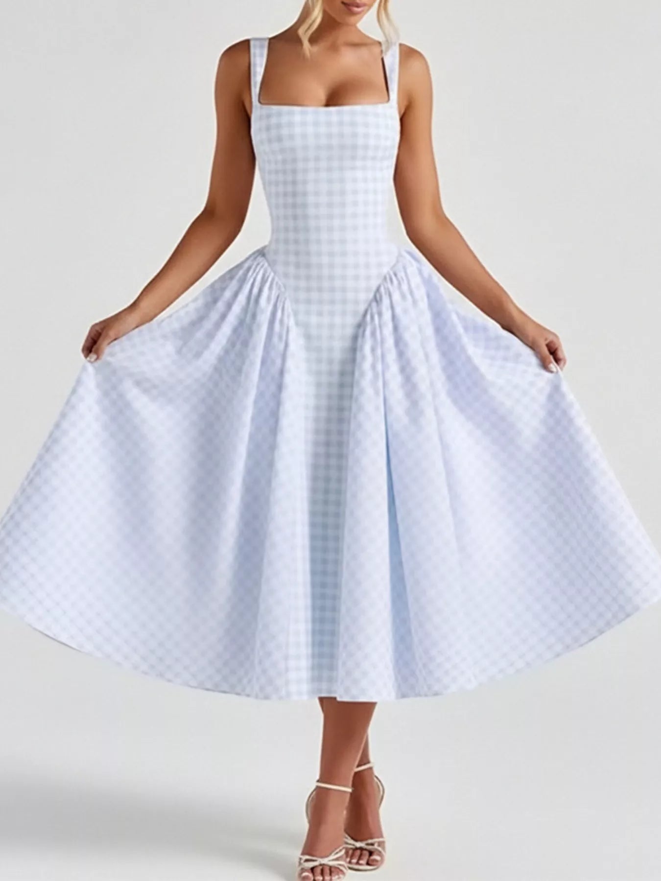 Full Size Plaid Square Neckline Midi Dress Plus Size