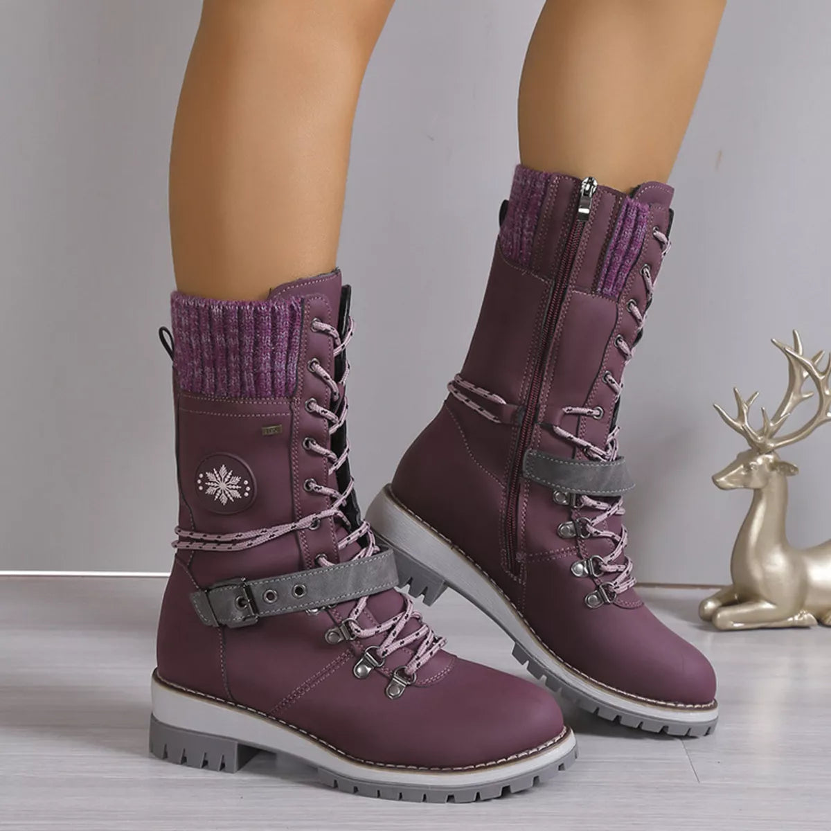 Women's Grey Lace Up Winter Boots with Knit Cuff and Buckle Detail