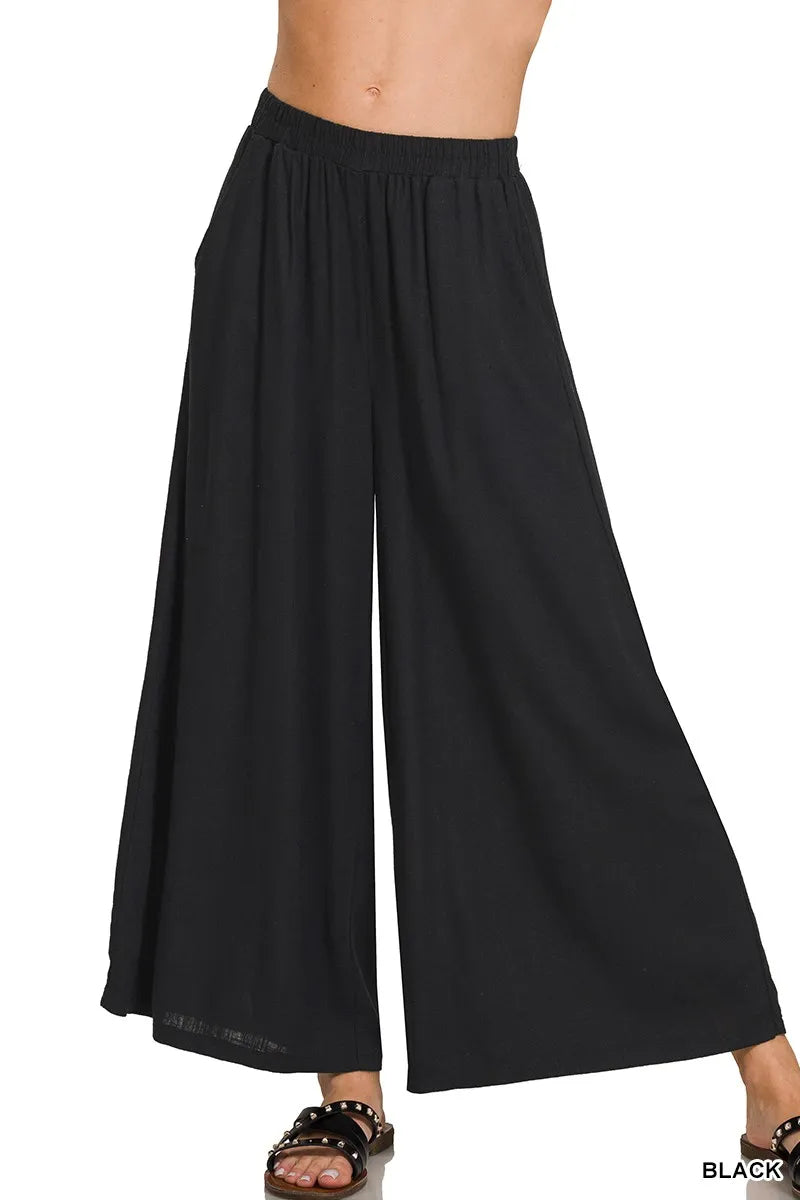 Woven Pleated Linen Blend Wide Leg Pants with Drawstring Waist