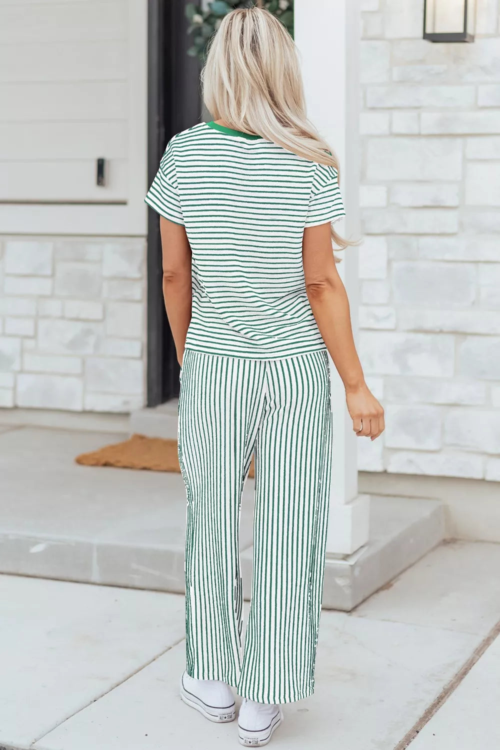 Green Striped Crew Neck Tee and Drawstring Cropped Pants Set