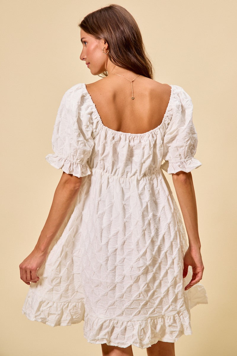 White Ruched Square Neck Mini Dress