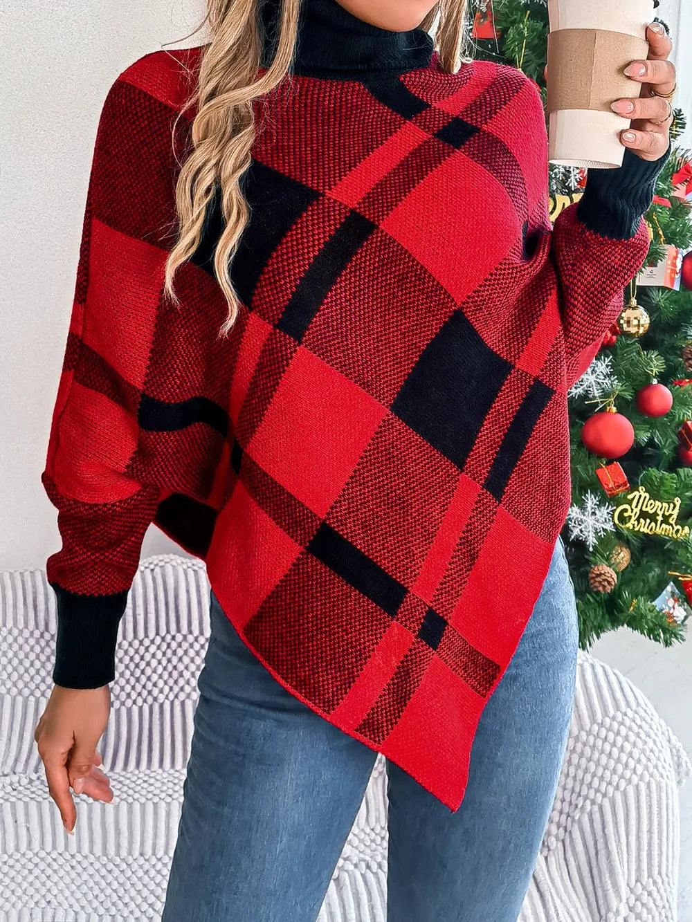 Women's Plaid Turtleneck Batwing Sleeve Sweater in Red and Black