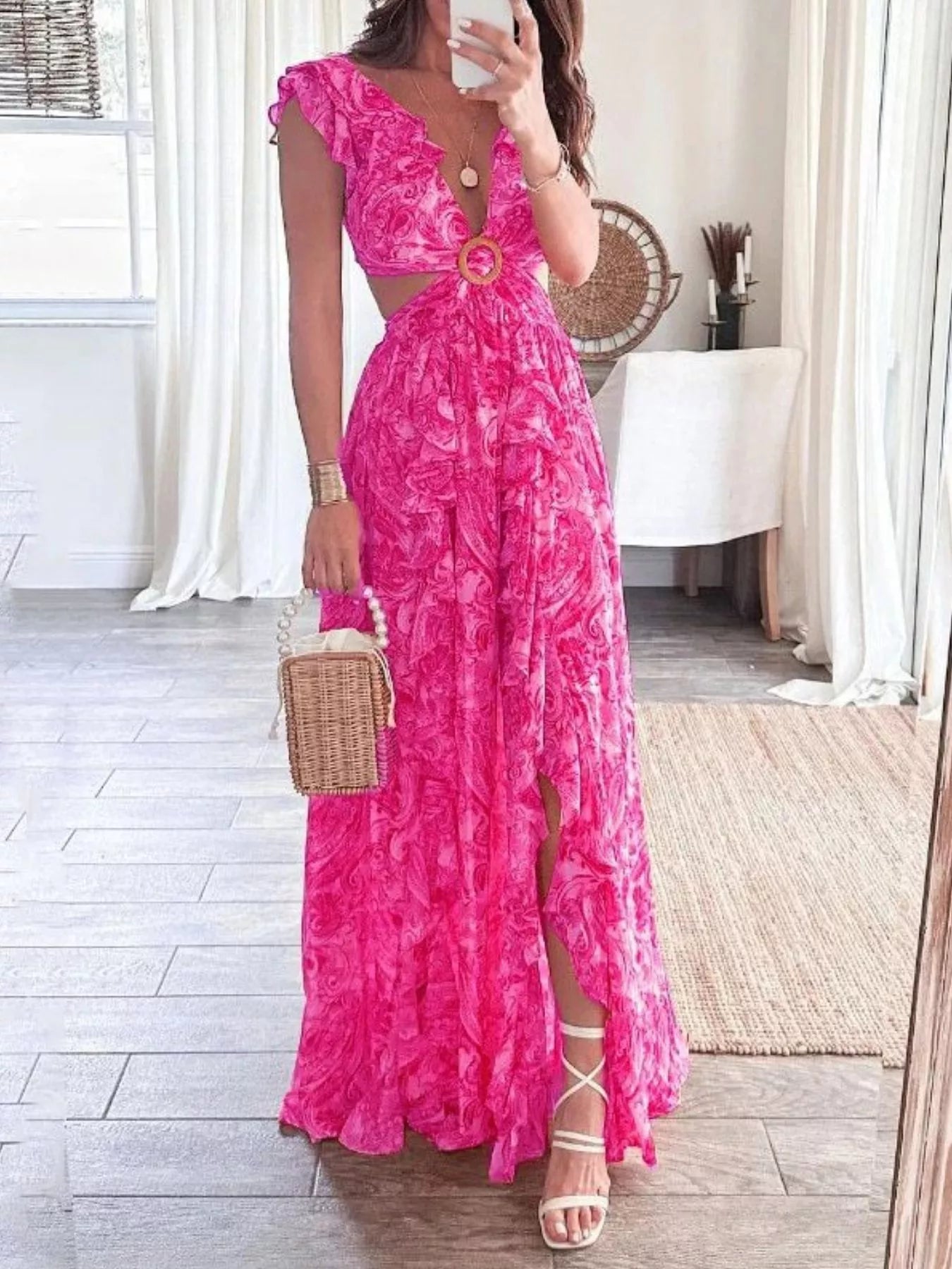 Full Size Ruffled Cutout V-Neck Maxi Dress Plus Size