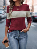 Women's Color Block Ribbed Knit Long Sleeve T-Shirt Maroon