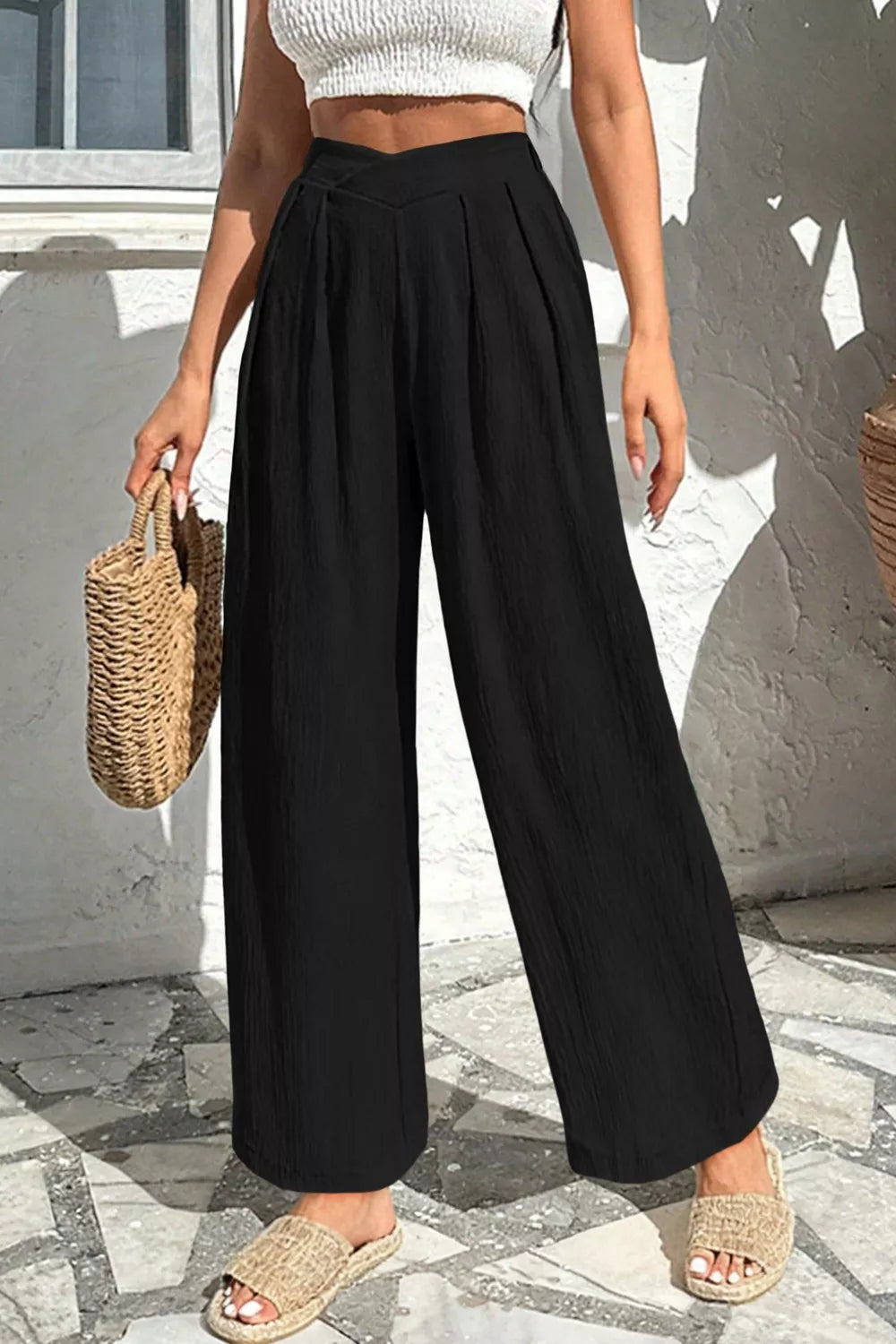 Blue Textured High Waist Wide Leg Pants with Pockets