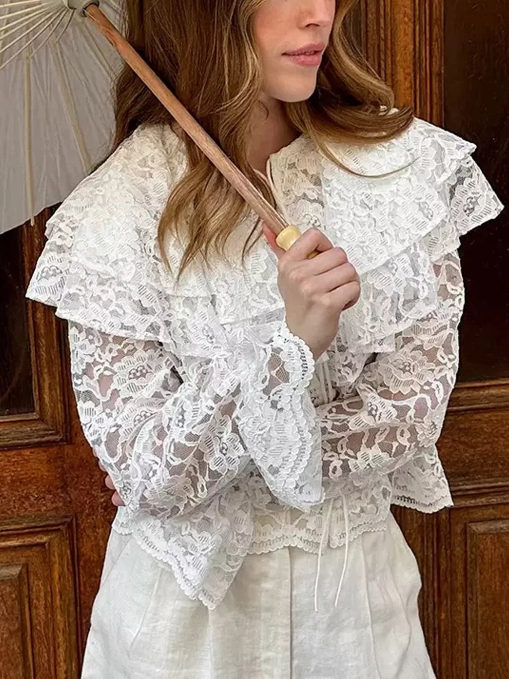 Women's White Ruffled Lace Flounce Sleeve Blouse