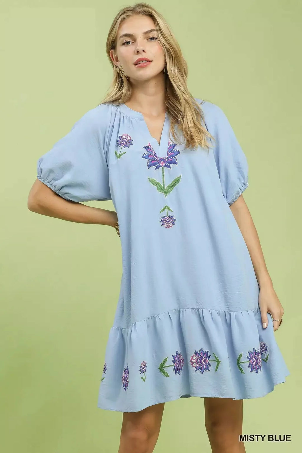 Misty Blue Floral Embroidered Puff Sleeve Babydoll Mini Dress