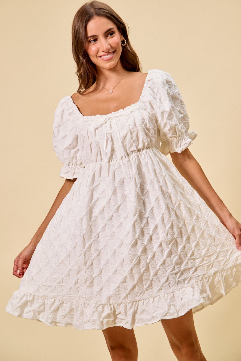 White Ruched Square Neck Mini Dress