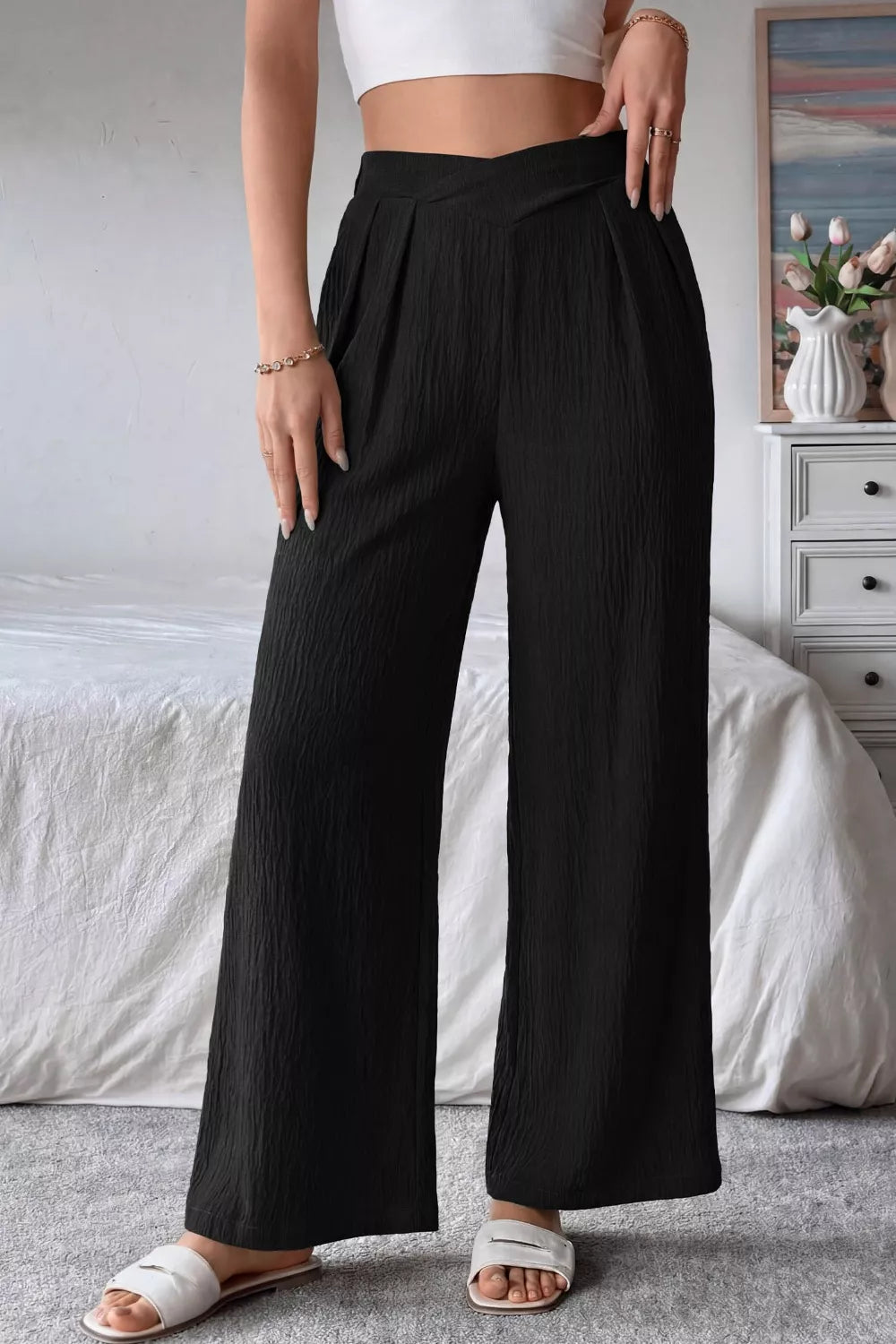 Blue Textured High Waist Wide Leg Pants with Pockets