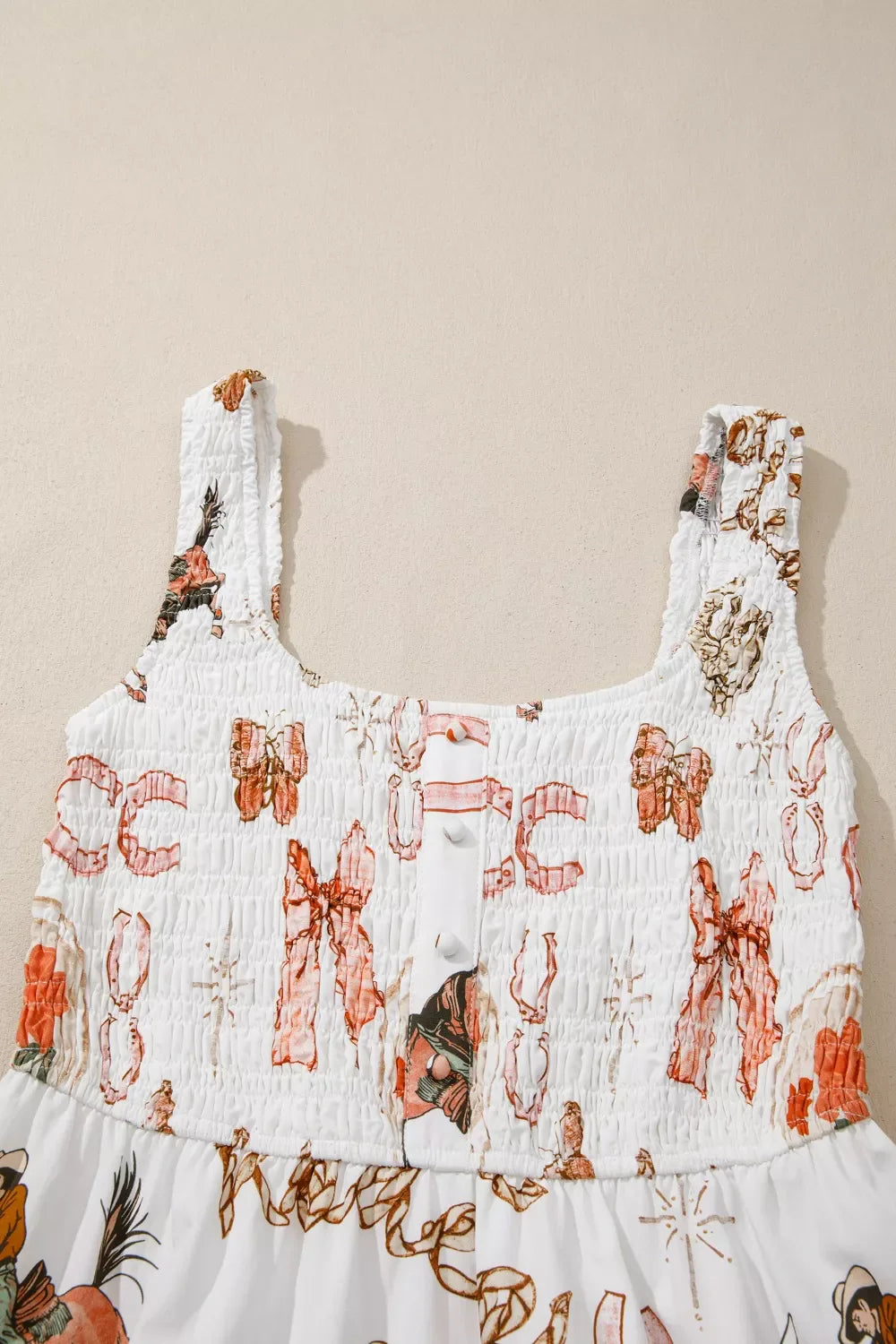 Western Horseshoe Print Smocked Sleeveless Midi Dress White