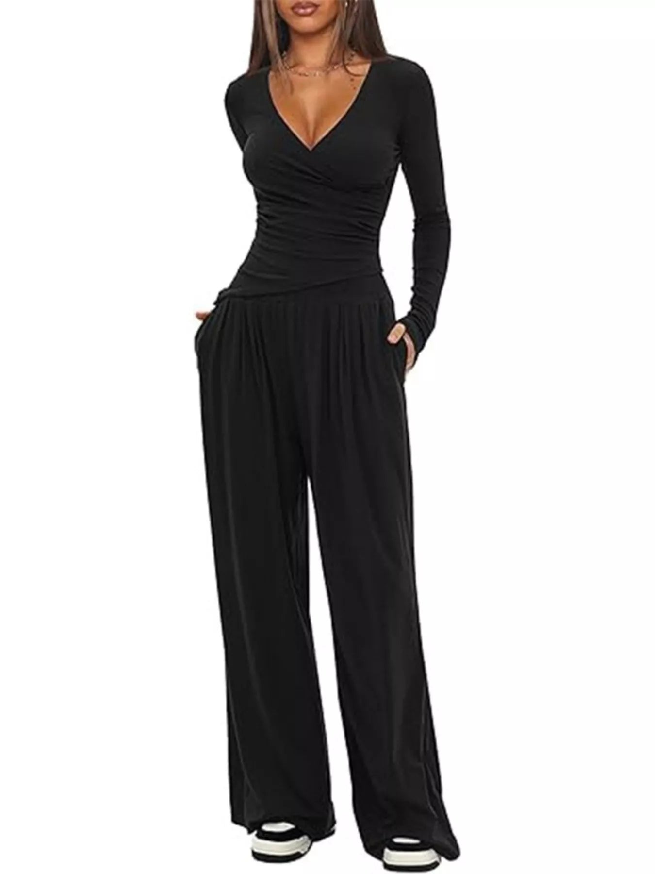 Women's Casual Long Sleeve V-Neck Top and Wide Leg Pants Lounge Set