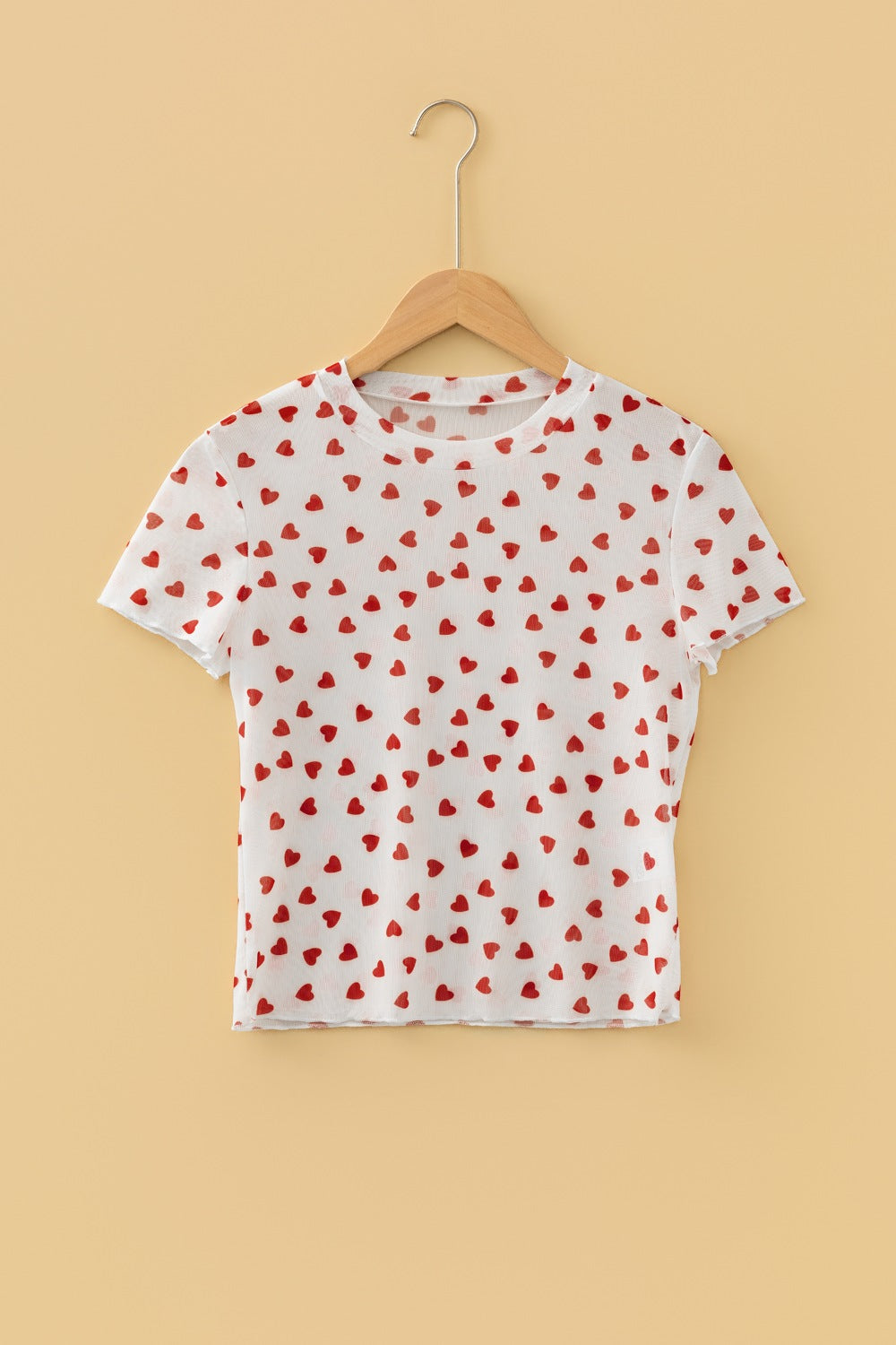 Women's Sheer Heart Print Fitted T-Shirt Short Sleeve Casual Top
