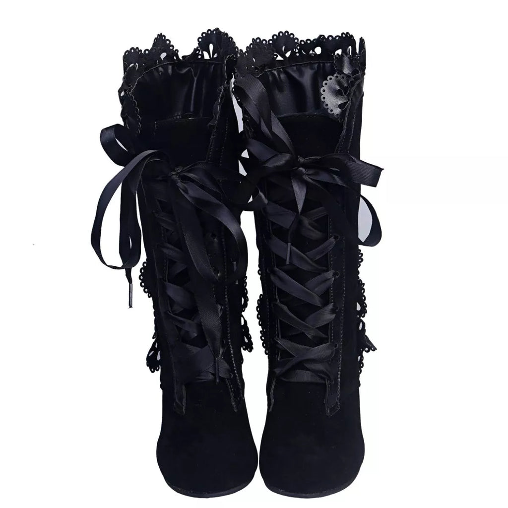 Women's Black Lace Up Block Heel Boots with Ruffled Trim