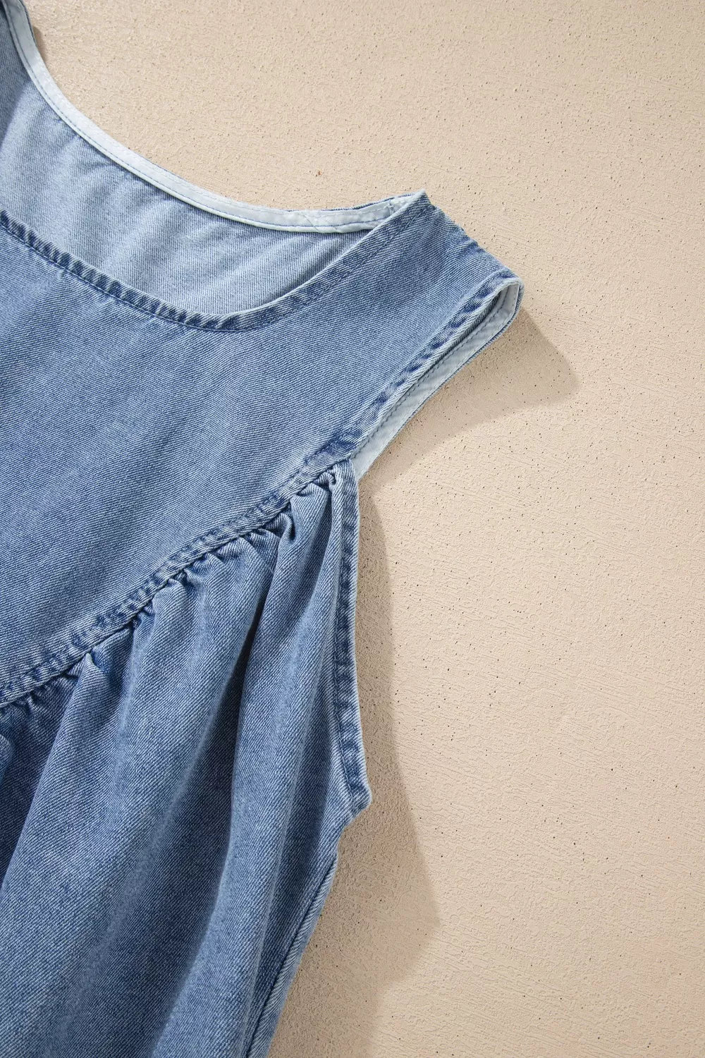 Blue Denim Pleated Patchwork Sleeveless Top for Casual Wear