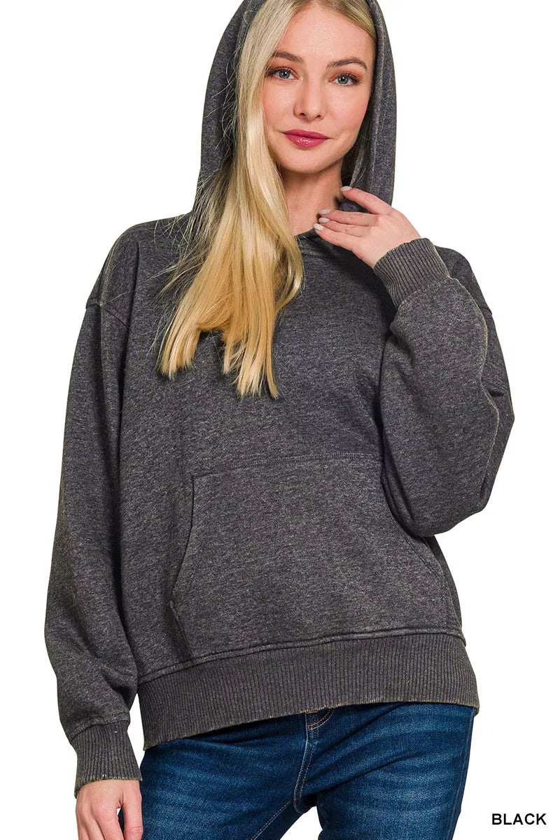 Zenana Fleece Acid Wash Hoodie with Kangaroo Pocket